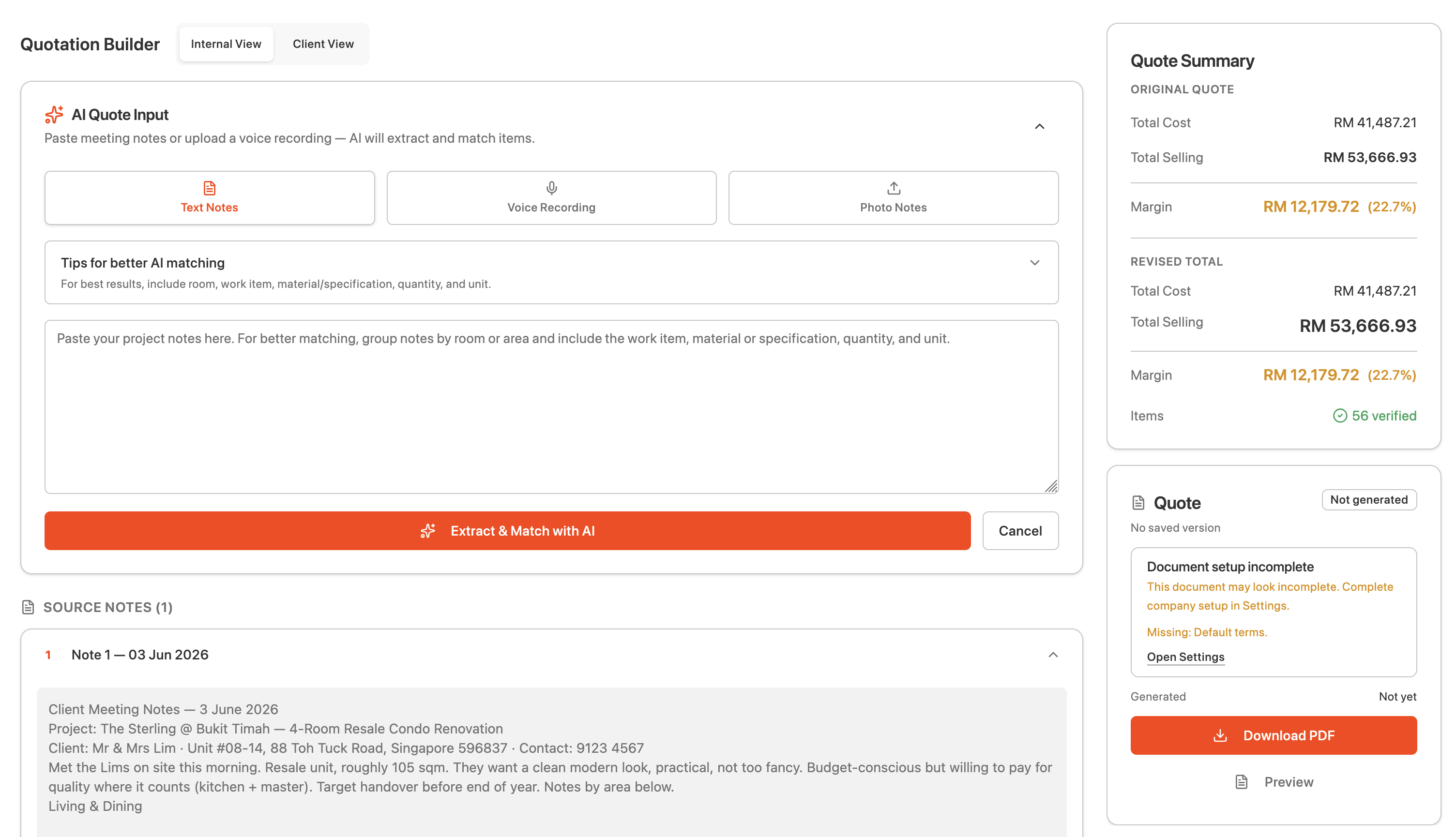 Squode quotation builder showing AI scope matching and a margin-safe priced quote